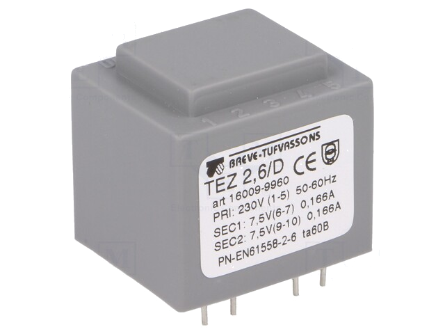 Transformator: ingegoten; 2,5VA; 230VAC; 7,5V; 7,5V; 173,3mA; PCB Transformator: ingegoten; 2,5VA; 230VAC; 7,5V; 7,5V; 173,3mA; PCB